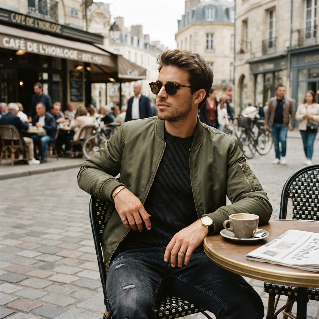 Hombre con chaqueta bomber oliva