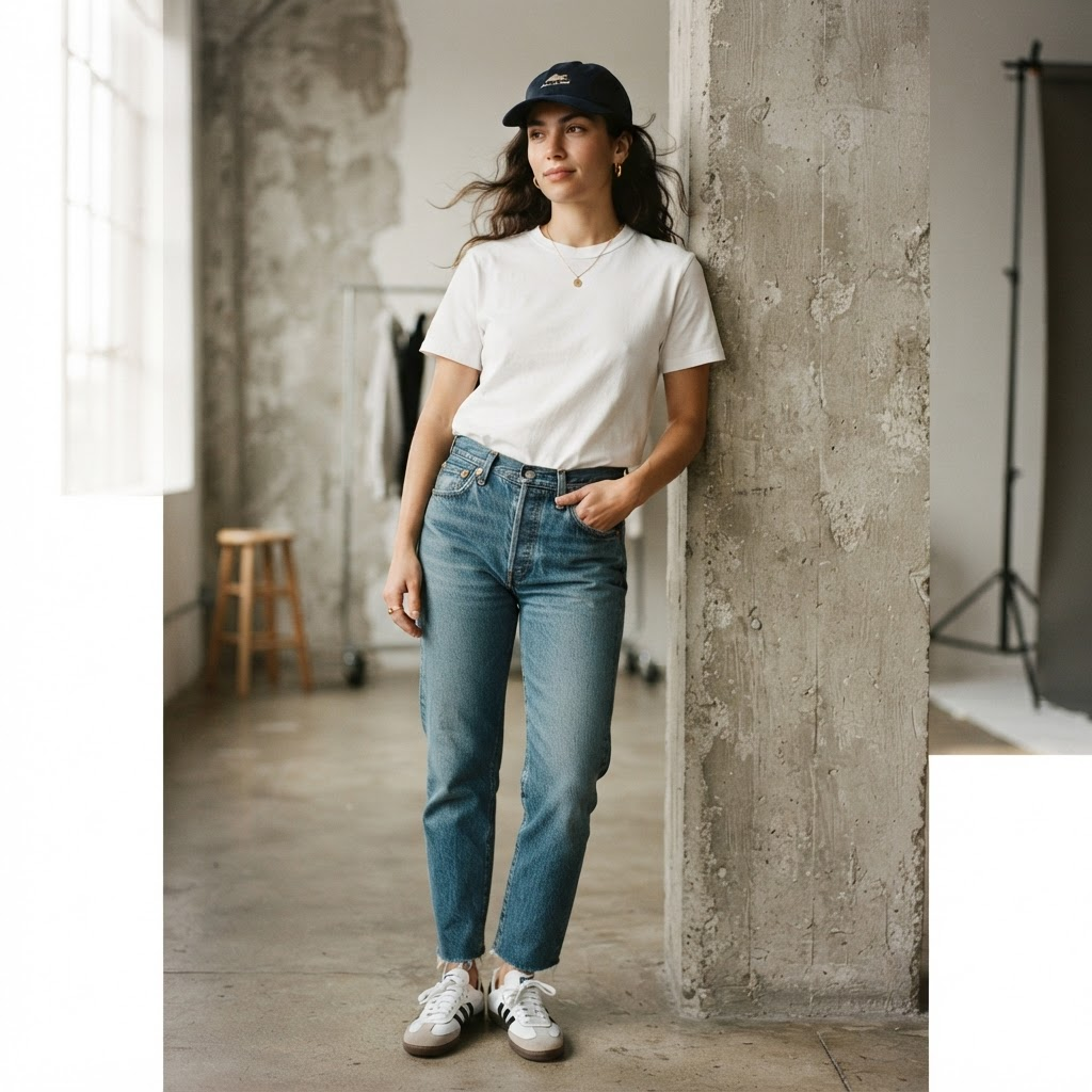 Mujer con camiseta blanca y jean